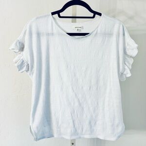 Max Studio Short Ruffle Sleeve Round Neck Textured Tee in White, Size XS